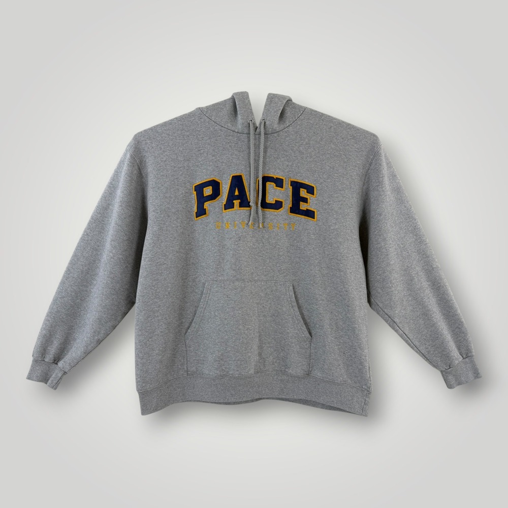 Champion Pace University Hoodie Gray Fleece Sweatshirt Mens XL Tackle Twill
